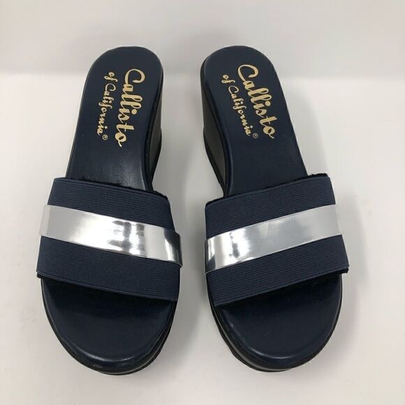 Callisto 8 NWOT Blue Silver Resort Vacation Platform Sandals Mules - Picture 1 of 5